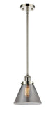916-1S-PN-G43 Stem Hung 8" Polished Nickel Mini Pendant - Plated Smoke Large Cone Glass - LED Bulb - Dimmensions: 8 x 8 x 10<br>Minimum Height : 18.75<br>Maximum Height : 42.75 - Sloped Ceiling Compatible: Yes