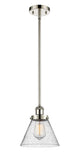 916-1S-PN-G44 Stem Hung 8" Polished Nickel Mini Pendant - Seedy Large Cone Glass - LED Bulb - Dimmensions: 8 x 8 x 10<br>Minimum Height : 18.75<br>Maximum Height : 42.75 - Sloped Ceiling Compatible: Yes