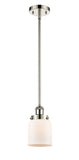 916-1S-PN-G51 Stem Hung 5" Polished Nickel Mini Pendant - Matte White Cased Small Bell Glass - LED Bulb - Dimmensions: 5 x 5 x 10<br>Minimum Height : 17.75<br>Maximum Height : 41.75 - Sloped Ceiling Compatible: Yes