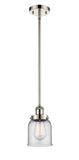 916-1S-PN-G52 Stem Hung 5" Polished Nickel Mini Pendant - Clear Small Bell Glass - LED Bulb - Dimmensions: 5 x 5 x 10<br>Minimum Height : 17.75<br>Maximum Height : 41.75 - Sloped Ceiling Compatible: Yes