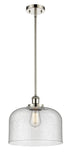 916-1S-PN-G74-L Stem Hung 8" Polished Nickel Mini Pendant - Seedy X-Large Bell Glass - LED Bulb - Dimmensions: 8 x 8 x 10<br>Minimum Height : 18.75<br>Maximum Height : 42.75 - Sloped Ceiling Compatible: Yes