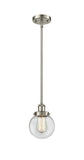 916-1S-SN-G202-6 Stem Hung 6" Brushed Satin Nickel Mini Pendant - Clear Beacon Glass - LED Bulb - Dimmensions: 6 x 6 x 9<br>Minimum Height : 17.75<br>Maximum Height : 41.75 - Sloped Ceiling Compatible: Yes