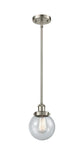 916-1S-SN-G204-6 Stem Hung 6" Brushed Satin Nickel Mini Pendant - Seedy Beacon Glass - LED Bulb - Dimmensions: 6 x 6 x 9<br>Minimum Height : 17.75<br>Maximum Height : 41.75 - Sloped Ceiling Compatible: Yes