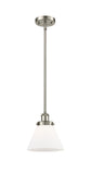 916-1S-SN-G41 Stem Hung 8" Brushed Satin Nickel Mini Pendant - Matte White Cased Large Cone Glass - LED Bulb - Dimmensions: 8 x 8 x 10<br>Minimum Height : 18.75<br>Maximum Height : 42.75 - Sloped Ceiling Compatible: Yes