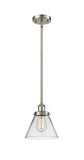 916-1S-SN-G42 Stem Hung 8" Brushed Satin Nickel Mini Pendant - Clear Large Cone Glass - LED Bulb - Dimmensions: 8 x 8 x 10<br>Minimum Height : 18.75<br>Maximum Height : 42.75 - Sloped Ceiling Compatible: Yes