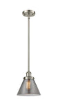 916-1S-SN-G43 Stem Hung 8" Brushed Satin Nickel Mini Pendant - Plated Smoke Large Cone Glass - LED Bulb - Dimmensions: 8 x 8 x 10<br>Minimum Height : 18.75<br>Maximum Height : 42.75 - Sloped Ceiling Compatible: Yes