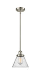 916-1S-SN-G44 Stem Hung 8" Brushed Satin Nickel Mini Pendant - Seedy Large Cone Glass - LED Bulb - Dimmensions: 8 x 8 x 10<br>Minimum Height : 18.75<br>Maximum Height : 42.75 - Sloped Ceiling Compatible: Yes