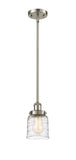 916-1S-SN-G513 Stem Hung 5" Brushed Satin Nickel Mini Pendant - Clear Deco Swirl Small Bell Glass - LED Bulb - Dimmensions: 5 x 5 x 10<br>Minimum Height : 17.75<br>Maximum Height : 41.75 - Sloped Ceiling Compatible: Yes