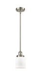 916-1S-SN-G51 Stem Hung 5" Brushed Satin Nickel Mini Pendant - Matte White Cased Small Bell Glass - LED Bulb - Dimmensions: 5 x 5 x 10<br>Minimum Height : 17.75<br>Maximum Height : 41.75 - Sloped Ceiling Compatible: Yes