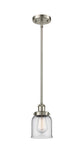 916-1S-SN-G52 Stem Hung 5" Brushed Satin Nickel Mini Pendant - Clear Small Bell Glass - LED Bulb - Dimmensions: 5 x 5 x 10<br>Minimum Height : 17.75<br>Maximum Height : 41.75 - Sloped Ceiling Compatible: Yes