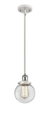 916-1S-WPC-G202-6 Stem Hung 6" White and Polished Chrome Mini Pendant - Clear Beacon Glass - LED Bulb - Dimmensions: 6 x 6 x 9<br>Minimum Height : 17.75<br>Maximum Height : 41.75 - Sloped Ceiling Compatible: Yes