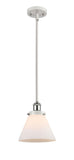 916-1S-WPC-G41 Stem Hung 8" White and Polished Chrome Mini Pendant - Matte White Cased Large Cone Glass - LED Bulb - Dimmensions: 8 x 8 x 10<br>Minimum Height : 18.75<br>Maximum Height : 42.75 - Sloped Ceiling Compatible: Yes