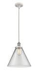 916-1S-WPC-G42-L Stem Hung 8" White and Polished Chrome Mini Pendant - Clear Cone 12" Glass - LED Bulb - Dimmensions: 8 x 8 x 10<br>Minimum Height : 18.75<br>Maximum Height : 42.75 - Sloped Ceiling Compatible: Yes