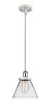 916-1S-WPC-G42 Stem Hung 8" White and Polished Chrome Mini Pendant - Clear Large Cone Glass - LED Bulb - Dimmensions: 8 x 8 x 10<br>Minimum Height : 18.75<br>Maximum Height : 42.75 - Sloped Ceiling Compatible: Yes