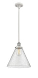916-1S-WPC-G44-L Stem Hung 8" White and Polished Chrome Mini Pendant - Seedy Cone 12" Glass - LED Bulb - Dimmensions: 8 x 8 x 10<br>Minimum Height : 18.75<br>Maximum Height : 42.75 - Sloped Ceiling Compatible: Yes
