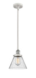916-1S-WPC-G44 Stem Hung 8" White and Polished Chrome Mini Pendant - Seedy Large Cone Glass - LED Bulb - Dimmensions: 8 x 8 x 10<br>Minimum Height : 18.75<br>Maximum Height : 42.75 - Sloped Ceiling Compatible: Yes