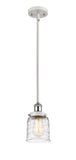 916-1S-WPC-G513 Stem Hung 5" White and Polished Chrome Mini Pendant - Clear Deco Swirl Small Bell Glass - LED Bulb - Dimmensions: 5 x 5 x 10<br>Minimum Height : 17.75<br>Maximum Height : 41.75 - Sloped Ceiling Compatible: Yes