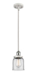 916-1S-WPC-G52 Stem Hung 5" White and Polished Chrome Mini Pendant - Clear Small Bell Glass - LED Bulb - Dimmensions: 5 x 5 x 10<br>Minimum Height : 17.75<br>Maximum Height : 41.75 - Sloped Ceiling Compatible: Yes