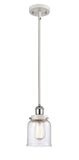 916-1S-WPC-G54 Stem Hung 5" White and Polished Chrome Mini Pendant - Seedy Small Bell Glass - LED Bulb - Dimmensions: 5 x 5 x 10<br>Minimum Height : 17.75<br>Maximum Height : 41.75 - Sloped Ceiling Compatible: Yes