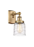 916-1W-BB-G513 1-Light 5" Brushed Brass Sconce - Clear Deco Swirl Small Bell Glass - LED Bulb - Dimmensions: 5 x 6.5 x 12 - Glass Up or Down: Yes