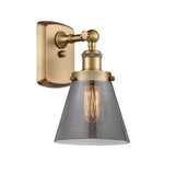 916-1W-BB-G63 1-Light 6" Brushed Brass Sconce - Plated Smoke Small Cone Glass - LED Bulb - Dimmensions: 6 x 7.5 x 11 - Glass Up or Down: Yes