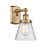 916-1W-BB-G64 1-Light 6" Brushed Brass Sconce - Seedy Small Cone Glass - LED Bulb - Dimmensions: 6 x 7.5 x 11 - Glass Up or Down: Yes