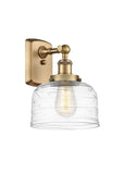 916-1W-BB-G713 1-Light 8" Brushed Brass Sconce - Clear Deco Swirl Large Bell Glass - LED Bulb - Dimmensions: 8 x 9 x 13 - Glass Up or Down: Yes