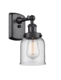 916-1W-BK-G52 1-Light 5" Matte Black Sconce - Clear Small Bell Glass - LED Bulb - Dimmensions: 5 x 6.5 x 12 - Glass Up or Down: Yes
