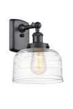 916-1W-BK-G713 1-Light 8" Matte Black Sconce - Clear Deco Swirl Large Bell Glass - LED Bulb - Dimmensions: 8 x 9 x 13 - Glass Up or Down: Yes