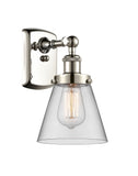 916-1W-PN-G62 1-Light 6" Polished Nickel Sconce - Clear Small Cone Glass - LED Bulb - Dimmensions: 6 x 7.5 x 11 - Glass Up or Down: Yes