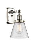 916-1W-PN-G64 1-Light 6" Polished Nickel Sconce - Seedy Small Cone Glass - LED Bulb - Dimmensions: 6 x 7.5 x 11 - Glass Up or Down: Yes
