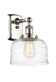 916-1W-PN-G713 1-Light 8" Polished Nickel Sconce - Clear Deco Swirl Large Bell Glass - LED Bulb - Dimmensions: 8 x 9 x 13 - Glass Up or Down: Yes