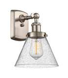 916-1W-SN-G44 1-Light 8" Brushed Satin Nickel Sconce - Seedy Large Cone Glass - LED Bulb - Dimmensions: 8 x 9 x 13 - Glass Up or Down: Yes