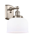 916-1W-SN-G71 1-Light 8" Brushed Satin Nickel Sconce - Matte White Cased Large Bell Glass - LED Bulb - Dimmensions: 8 x 9 x 13 - Glass Up or Down: Yes