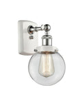 916-1W-WPC-G202-6 1-Light 6" White and Polished Chrome Sconce - Clear Beacon Glass - LED Bulb - Dimmensions: 6 x 7.5 x 11 - Glass Up or Down: Yes