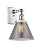 916-1W-WPC-G43 1-Light 8" White and Polished Chrome Sconce - Plated Smoke Large Cone Glass - LED Bulb - Dimmensions: 8 x 9 x 13 - Glass Up or Down: Yes