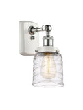 916-1W-WPC-G513 1-Light 5" White and Polished Chrome Sconce - Clear Deco Swirl Small Bell Glass - LED Bulb - Dimmensions: 5 x 6.5 x 12 - Glass Up or Down: Yes