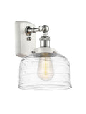 916-1W-WPC-G713 1-Light 8" White and Polished Chrome Sconce - Clear Deco Swirl Large Bell Glass - LED Bulb - Dimmensions: 8 x 9 x 13 - Glass Up or Down: Yes