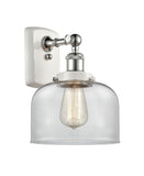 916-1W-WPC-G72 1-Light 8" White and Polished Chrome Sconce - Clear Large Bell Glass - LED Bulb - Dimmensions: 8 x 9 x 13 - Glass Up or Down: Yes