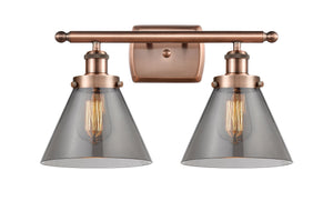 916-2W-AC-G43 2-Light 16" Antique Copper Bath Vanity Light - Plated Smoke Large Cone Glass - LED Bulb - Dimmensions: 16 x 9 x 13 - Glass Up or Down: Yes