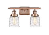 2-Light 16" Antique Copper Bath Vanity Light - Clear Deco Swirl Small Bell Glass LED
