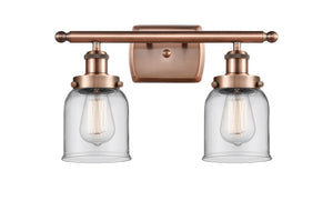 2-Light 16" Antique Copper Bath Vanity Light - Clear Small Bell Glass LED