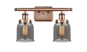 2-Light 16" Antique Copper Bath Vanity Light - Plated Smoke Small Bell Glass LED