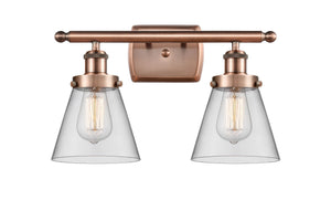 2-Light 16" Antique Copper Bath Vanity Light - Clear Small Cone Glass LED