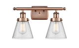 2-Light 16" Antique Copper Bath Vanity Light - Seedy Small Cone Glass LED