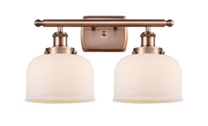 2-Light 16" Antique Copper Bath Vanity Light - Matte White Cased Large Bell Glass LED