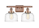 2-Light 16" Antique Copper Bath Vanity Light - Clear Deco Swirl Large Bell Glass LED