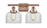 2-Light 16" Antique Copper Bath Vanity Light - Clear Large Bell Glass LED
