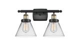 916-2W-BAB-G42 2-Light 16" Black Antique Brass Bath Vanity Light - Clear Large Cone Glass - LED Bulb - Dimmensions: 16 x 9 x 13 - Glass Up or Down: Yes