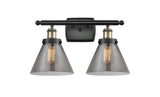 2-Light 16" Antique Copper Bath Vanity Light - Plated Smoke Large Cone Glass LED